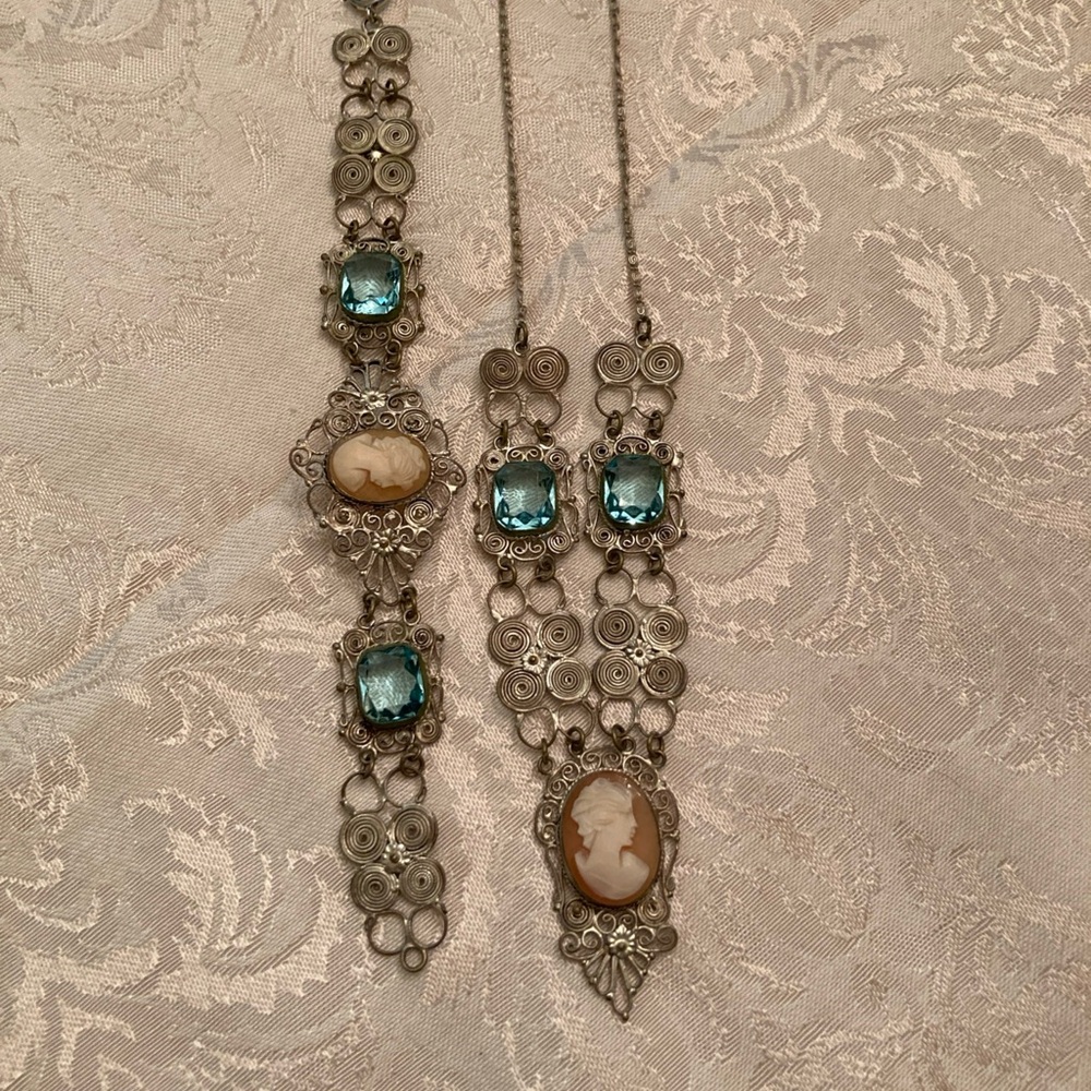 Vintage Silver and Blue Filigree Cameo Necklace & Bracelet set 1930’s